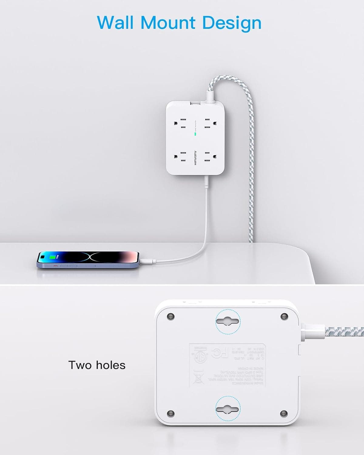 Surge Protector Power Strip - HANYCONY 8 Outlets 4 USB (2 USB C) Charging Ports, Multi Plug Outlet Extender, 5Ft Braided Extension Cord, Flat Plug Wall Mount Desk Charging Station for Home Office ETL thumbnail 6