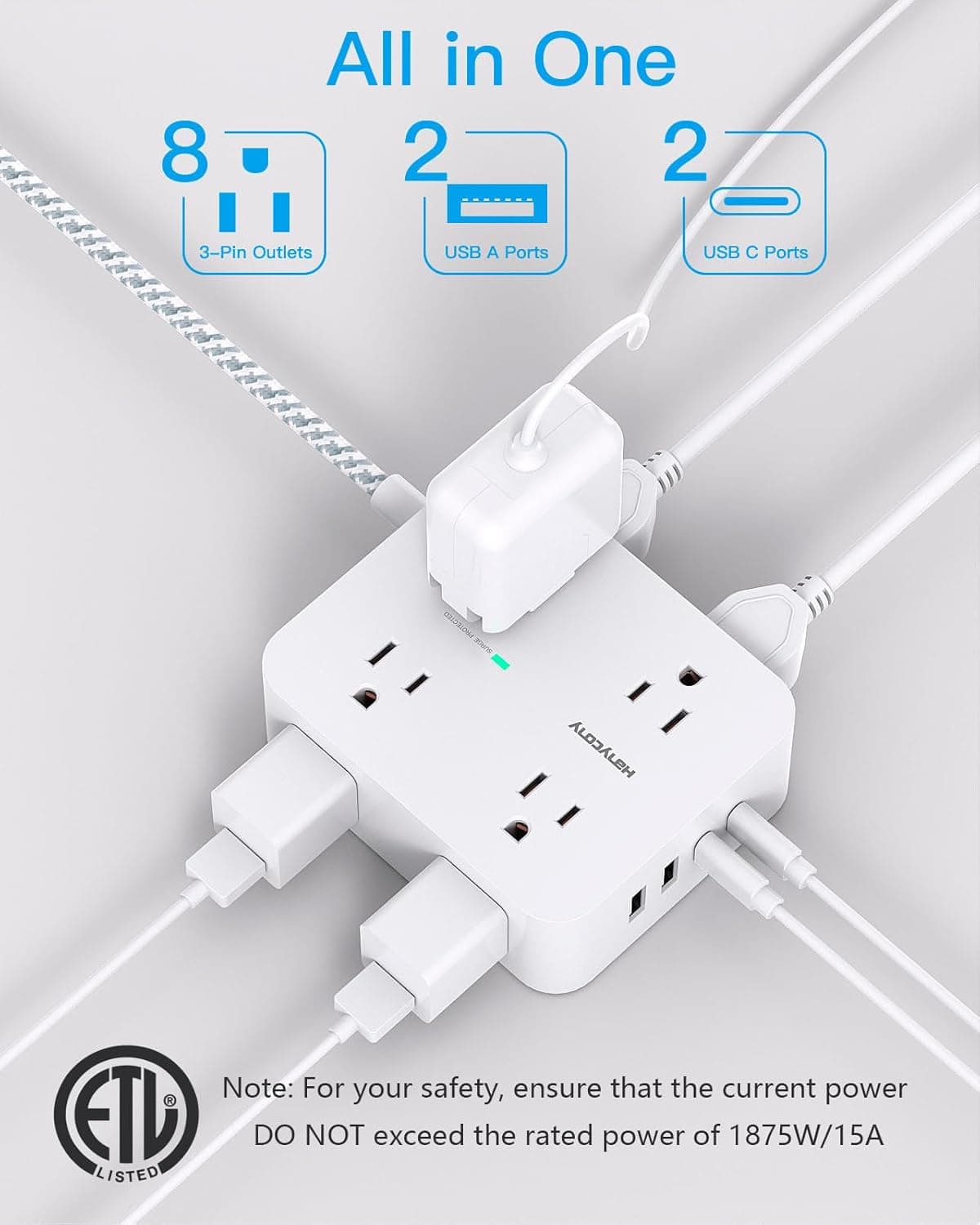 Surge Protector Power Strip - HANYCONY 8 Outlets 4 USB (2 USB C) Charging Ports, Multi Plug Outlet Extender, 5Ft Braided Extension Cord, Flat Plug Wall Mount Desk Charging Station for Home Office ETL thumbnail 2