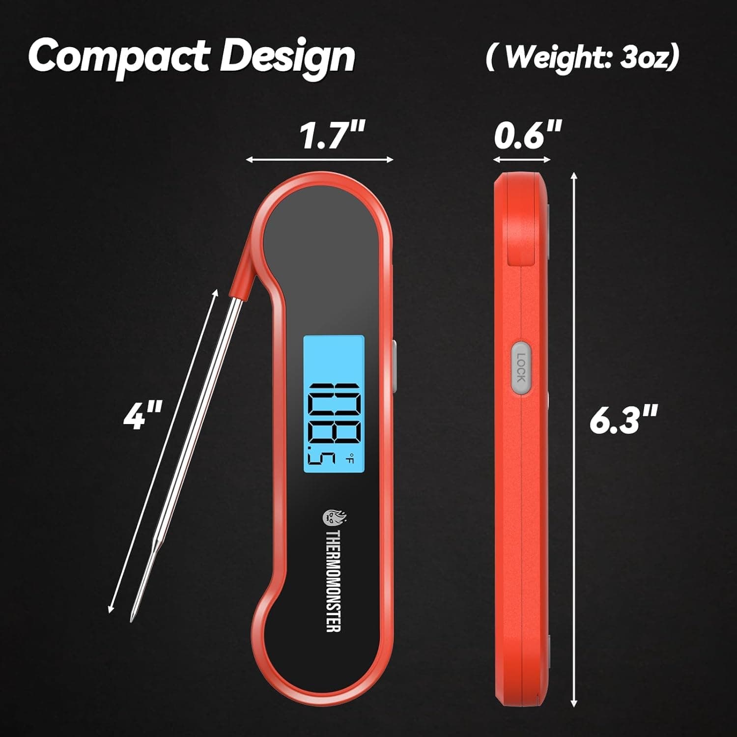0.5 Sec Instant Read Meat Thermometer Digital with ±0.5℉ Precision, Food Thermometer for Cooking Kitchen Gadgets, Oven Grill Candy BBQ Essentials Accessories, Gifts for Him Dad Men Birthday, Red thumbnail 3