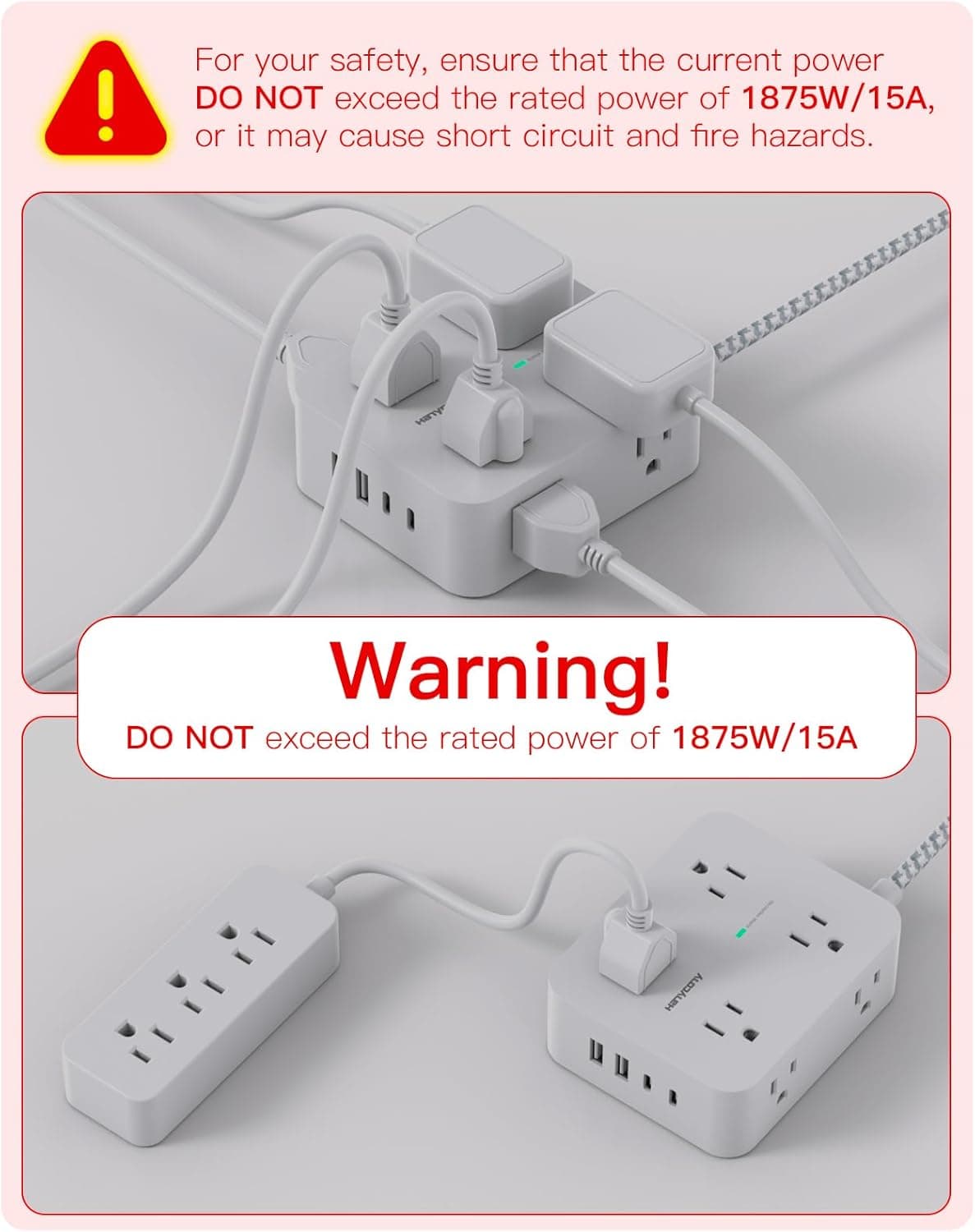 Surge Protector Power Strip - HANYCONY 8 Outlets 4 USB (2 USB C) Charging Ports, Multi Plug Outlet Extender, 5Ft Braided Extension Cord, Flat Plug Wall Mount Desk Charging Station for Home Office ETL thumbnail 8