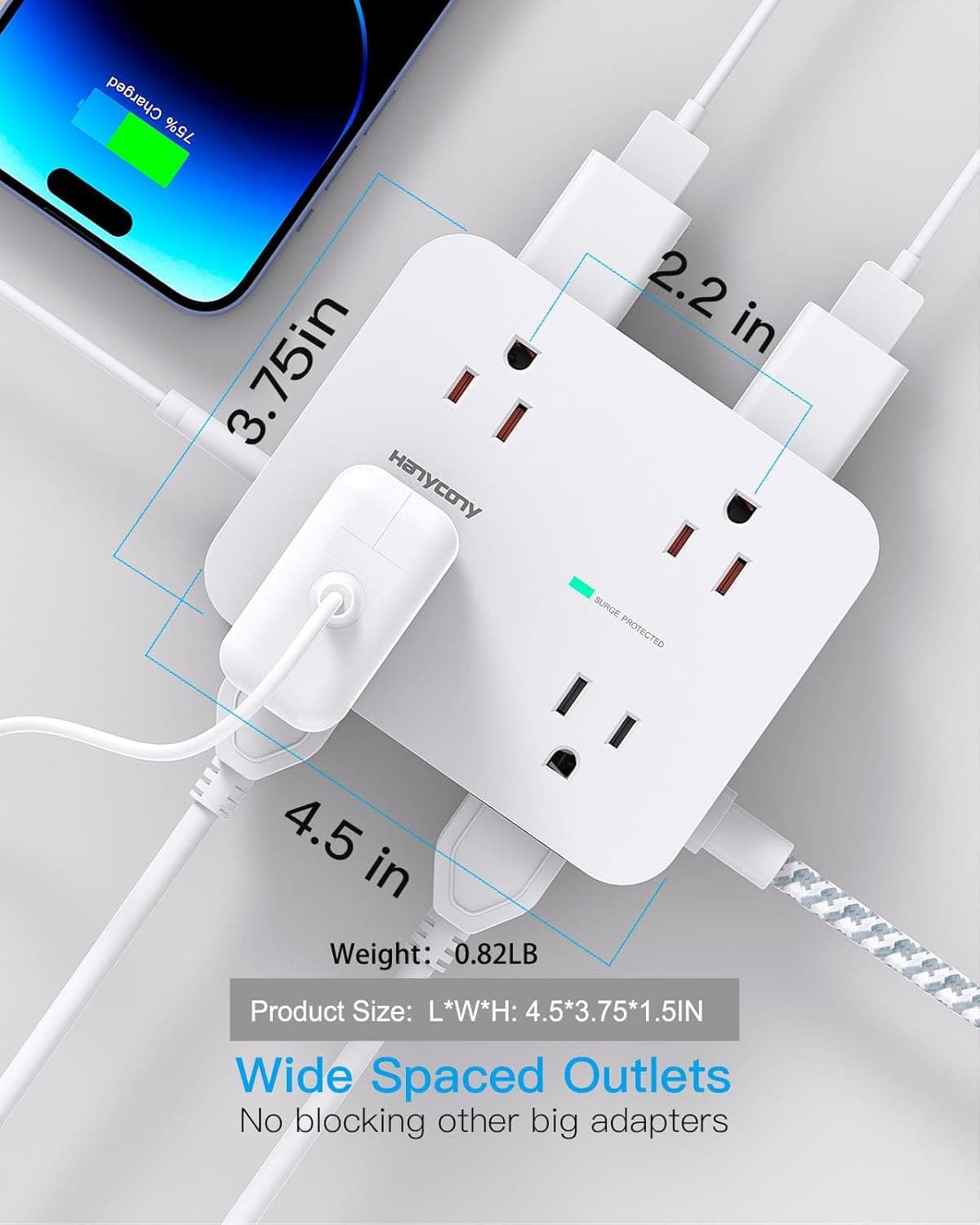 Surge Protector Power Strip - HANYCONY 8 Outlets 4 USB (2 USB C) Charging Ports, Multi Plug Outlet Extender, 5Ft Braided Extension Cord, Flat Plug Wall Mount Desk Charging Station for Home Office ETL thumbnail 4
