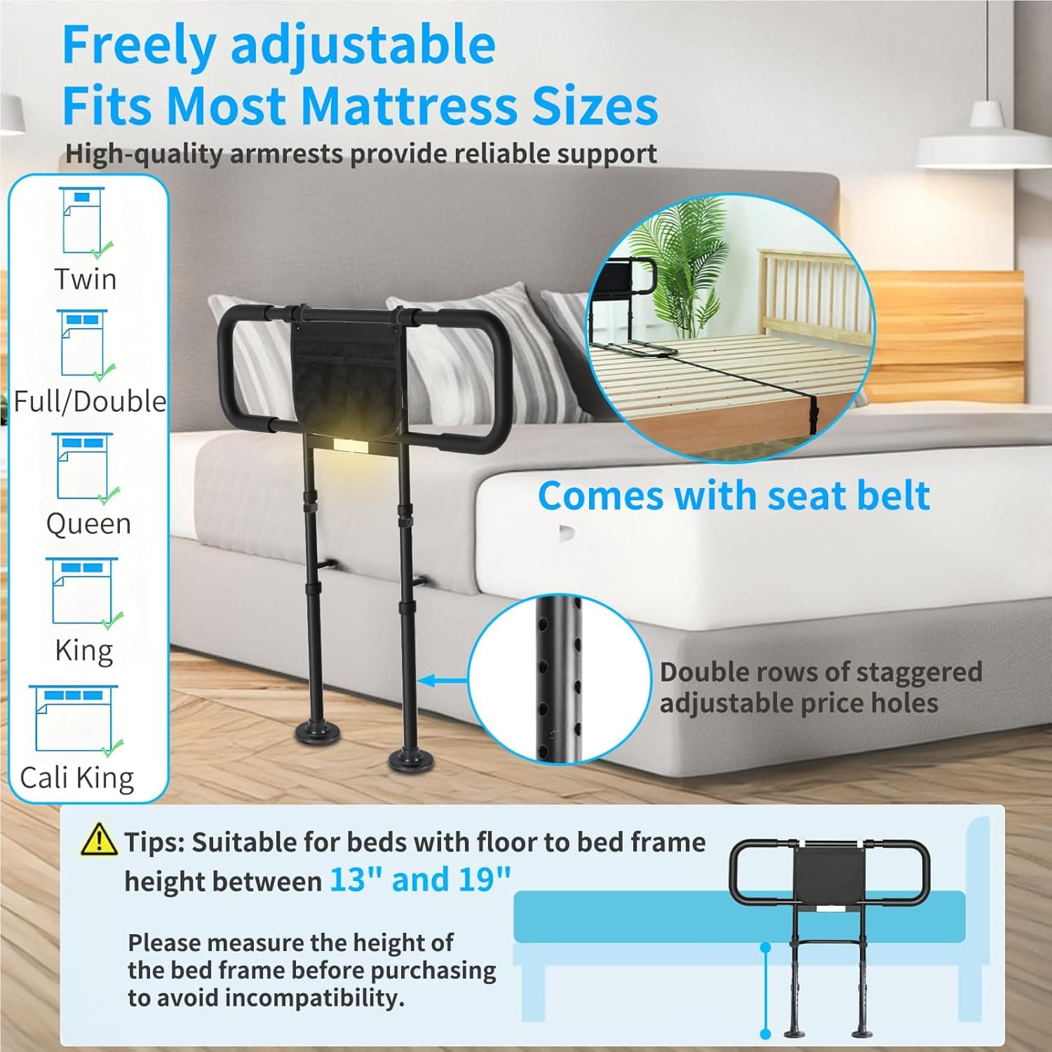 Bed Rails for Elderly Adults Safety - Adjustable Bed Side Rails with Support Leg, Bed Cane with Storage Bag and Motion Sensor Light, Fits Queen, King, Twin, Full, Supports up to 400lbs thumbnail 4