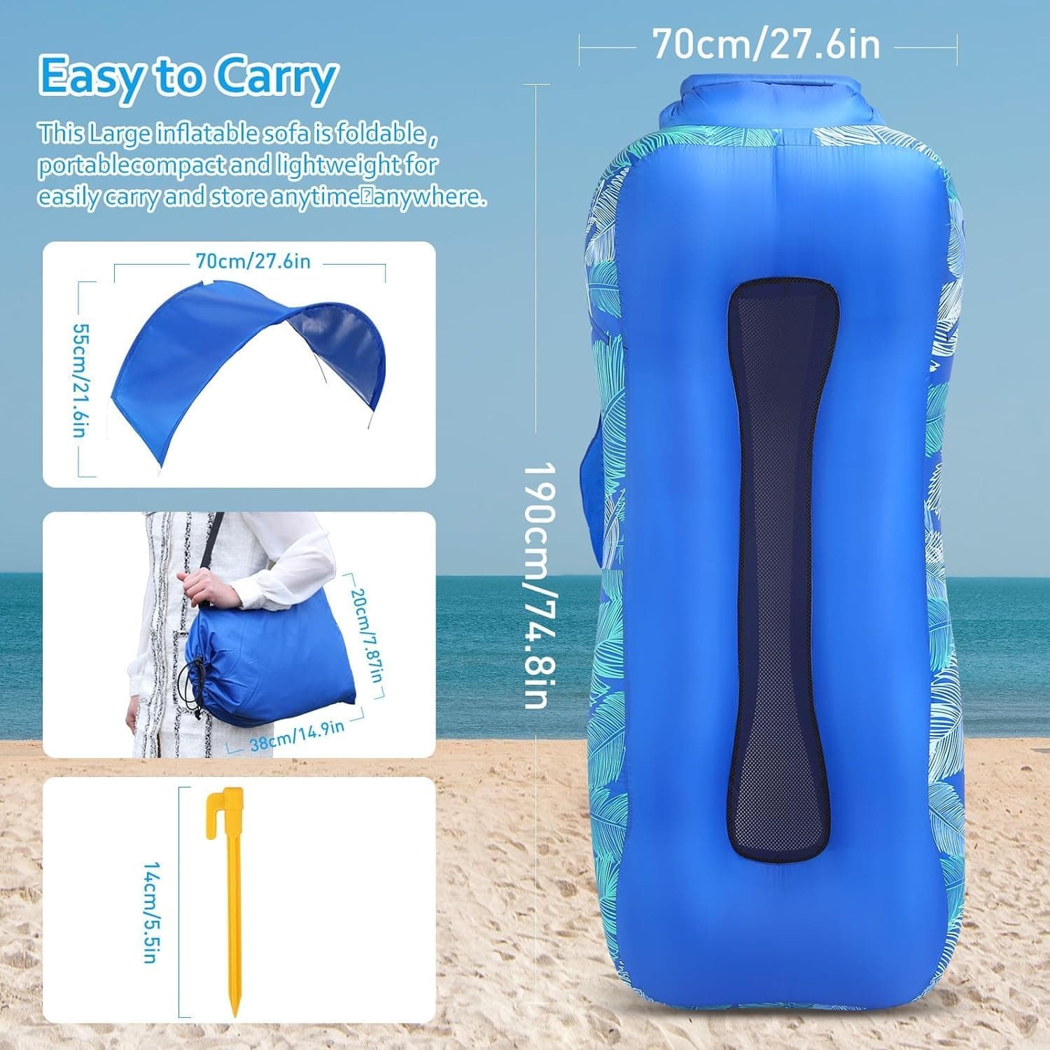 Inflatable Lounger Beach Chair with Sun-Shade Design, Waterproof Inflatable Couch Blow Up Beach Lounger, Portable Lounger Air Sofa for Backyard Hiking Festivals, Air Hammock for Camping thumbnail 4