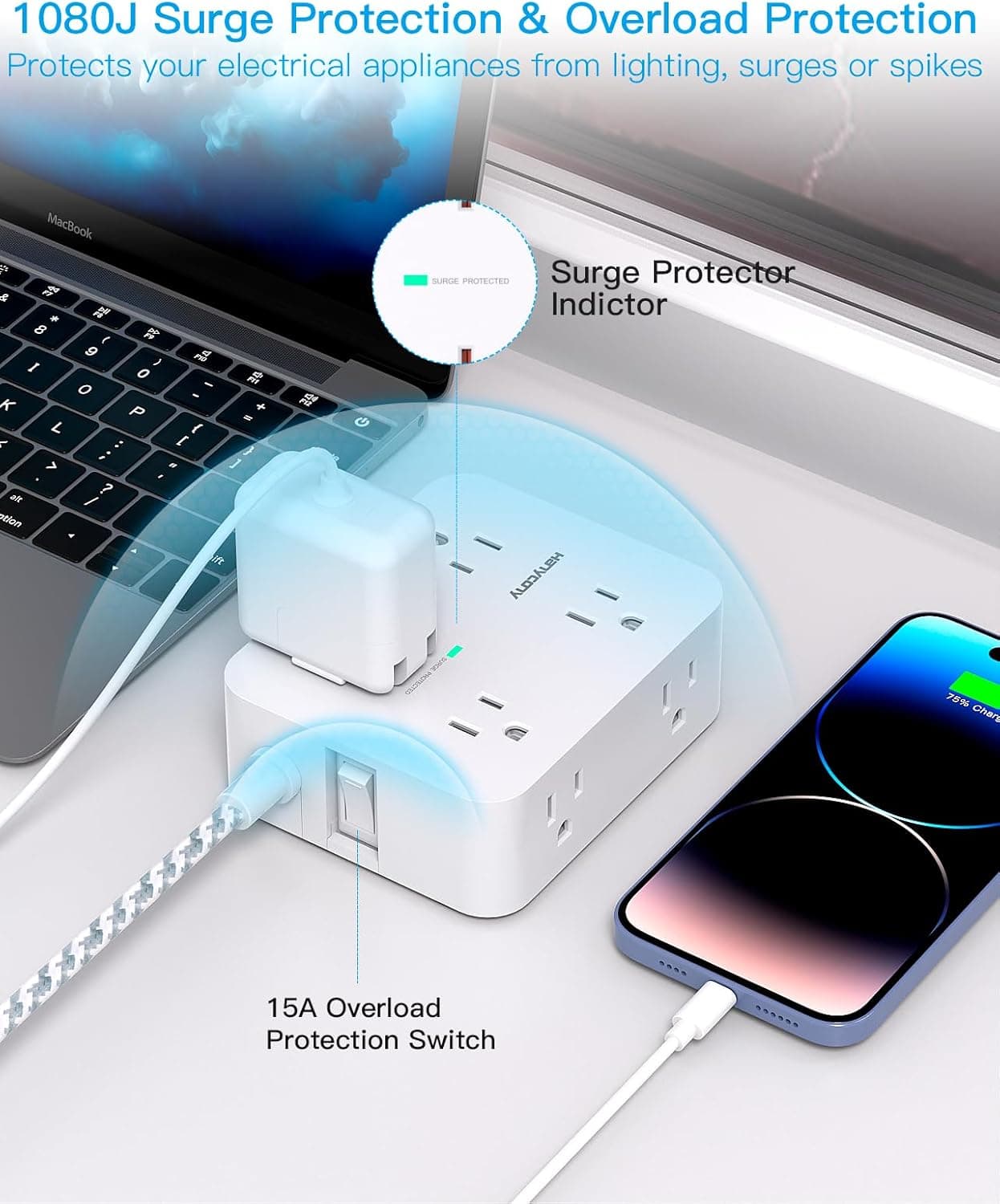 Surge Protector Power Strip - HANYCONY 8 Outlets 4 USB (2 USB C) Charging Ports, Multi Plug Outlet Extender, 5Ft Braided Extension Cord, Flat Plug Wall Mount Desk Charging Station for Home Office ETL thumbnail 3