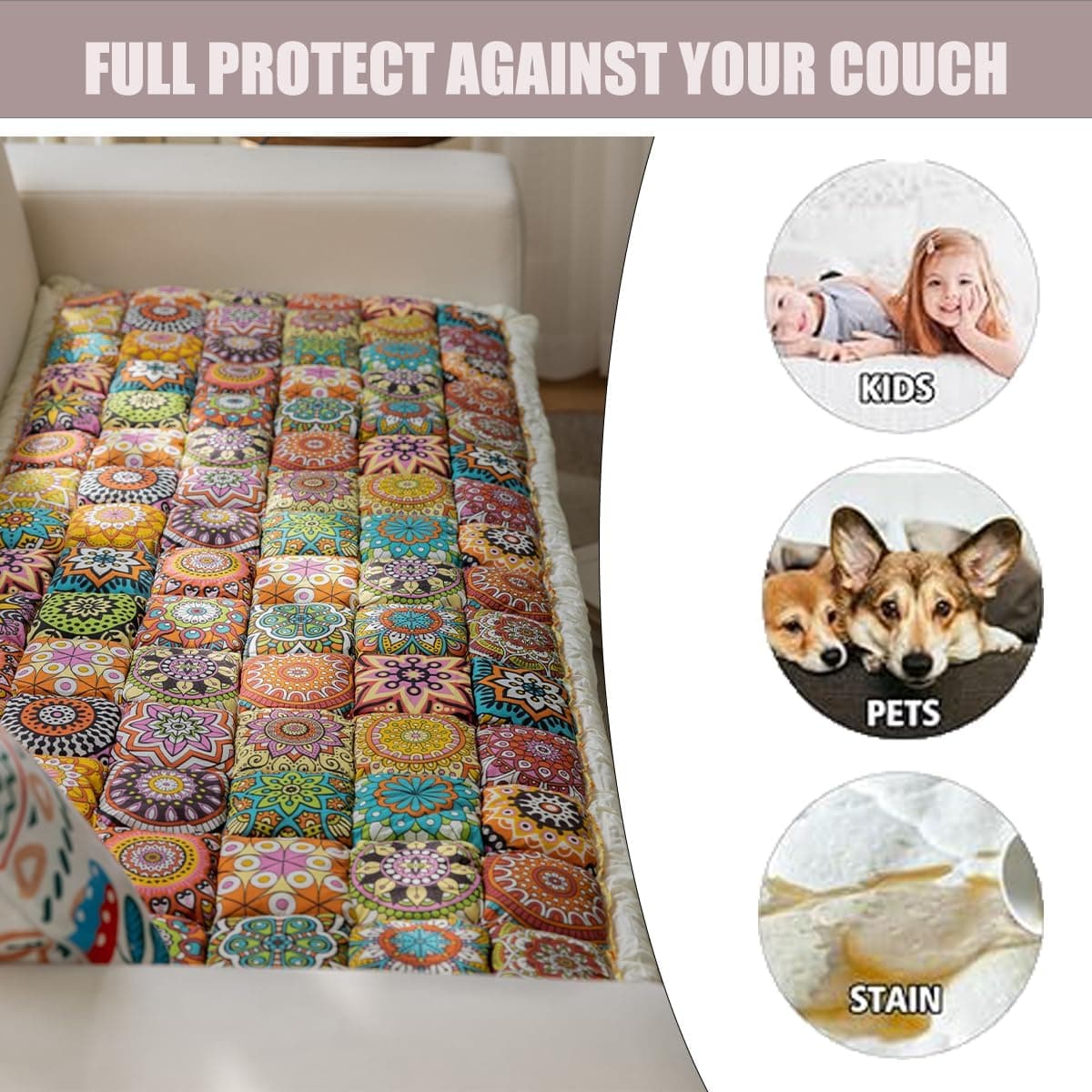 Funny Pet Couch Covers for Sofa Plush Checker Couch Cover for 3 Cushion Couch Sofa Pet Friendly (Bohemia Orange,70x150 cm/27.6x59.06 in) thumbnail 5