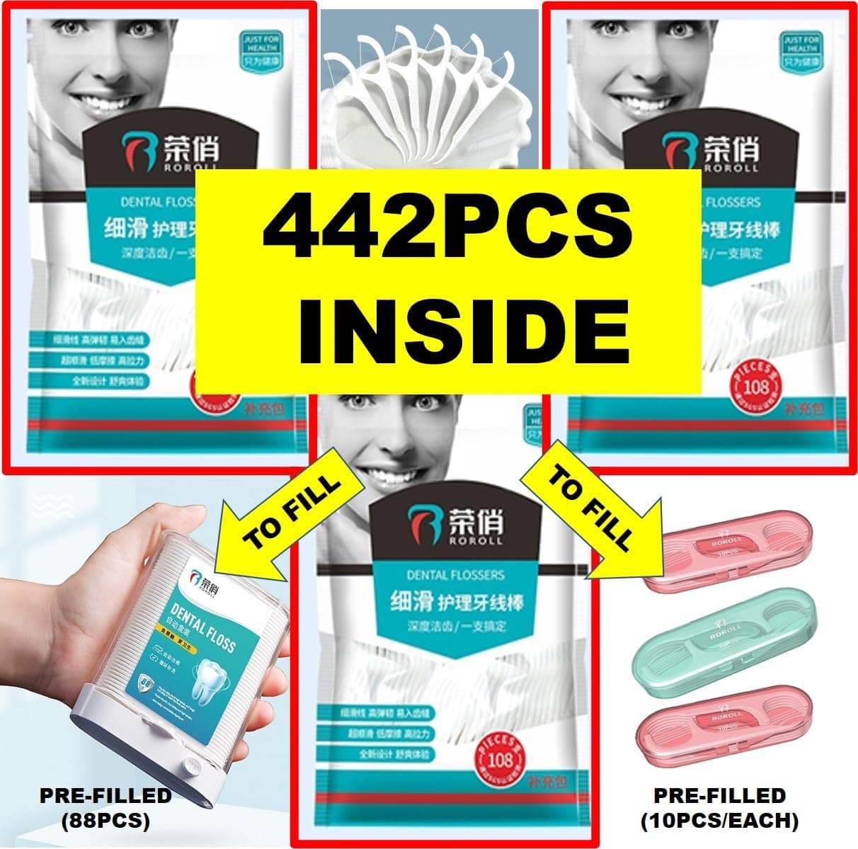 Dental Floss Picks, Flossers Picks for Adult Teeth, Packed in 1pc of Refillable Auto-Ejection-Case and 3pcs of Portable Cases, Hygienic Convenient, Smart Buy, 442pcs (White) thumbnail 7