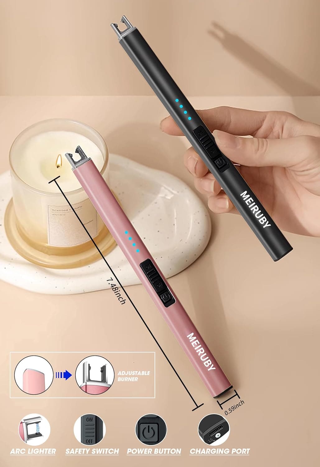 MEIRUBY Electric Candle Lighter, Christmas Stocking Stuffers Gifts for Women Mom Men Wife Sister, USB Arc Rechargeable Windproof Long Lighter for Candle BBQ Housewarming Birthday Gifts Idals thumbnail 2