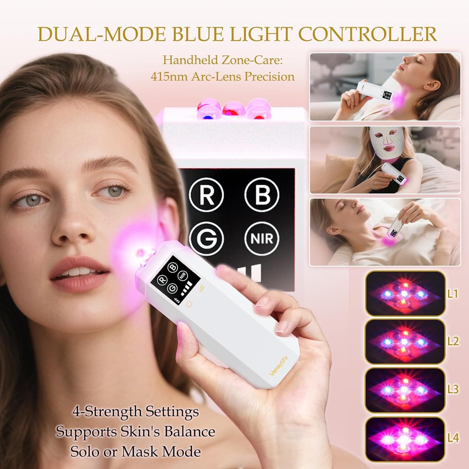 Red Light Therapy Mask for Face, LED Facial Mask, Skin Care Light with Near Infrared 850nm & Adjustable Blue Light, Portable Home Device with 7 Colors & 8 Modes, 432 Beads Pro LEDs (White-C) thumbnail 4