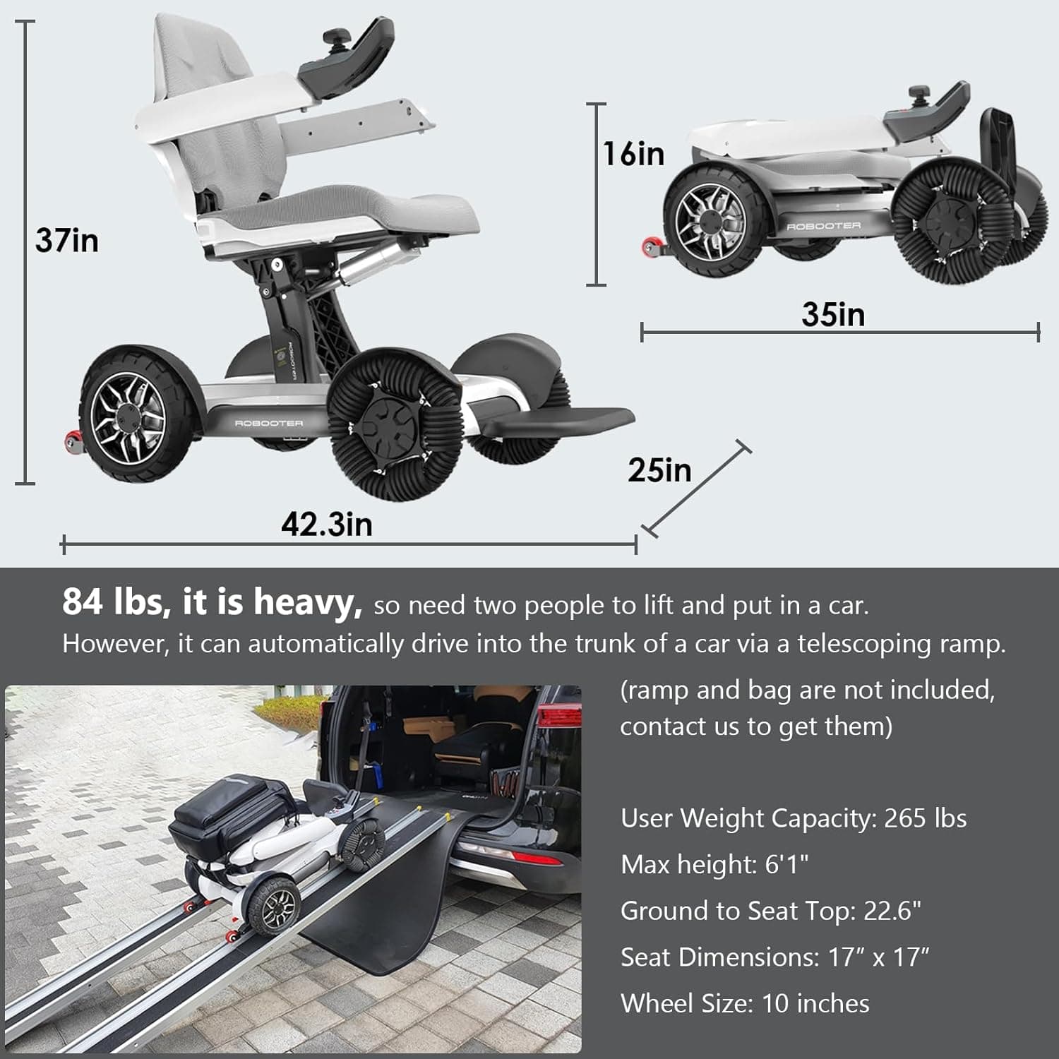 ROBOOTER® X40 Intelligent Electric Powered Wheelchair Device, Automatic Folding, Remote Controlled, Smart, Compact Heavy Duty Mobile, Powerful Dual Motor, Foldable Portable Motorized Mobility Scooter thumbnail 5
