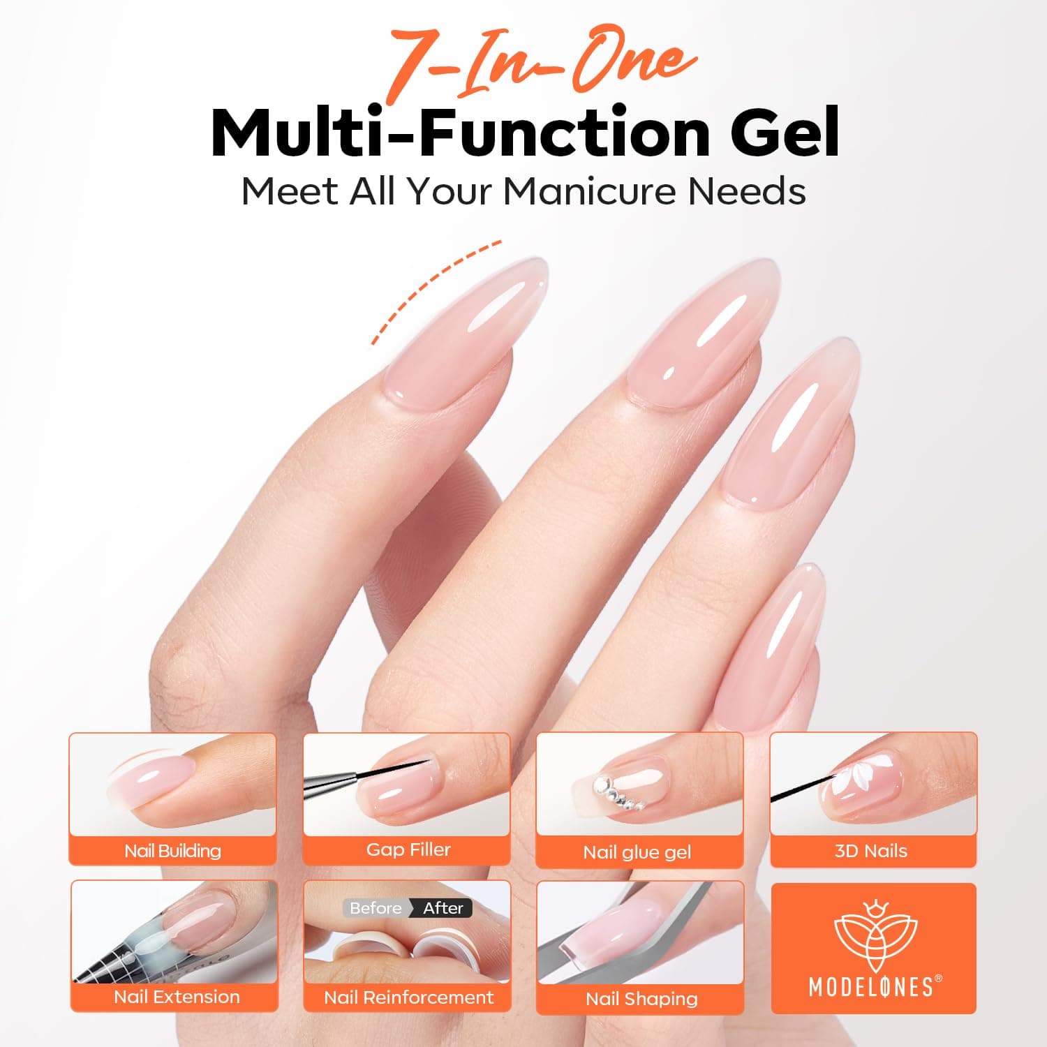 modelones Builder Nail Gel, 7-in-One Clear Builder Nail Polish with Detachable Liner Brush, 15ml LED Lamp Cured Rubber Base Gel Polish Strengthener Color Base Coat Thickening Solution thumbnail 4