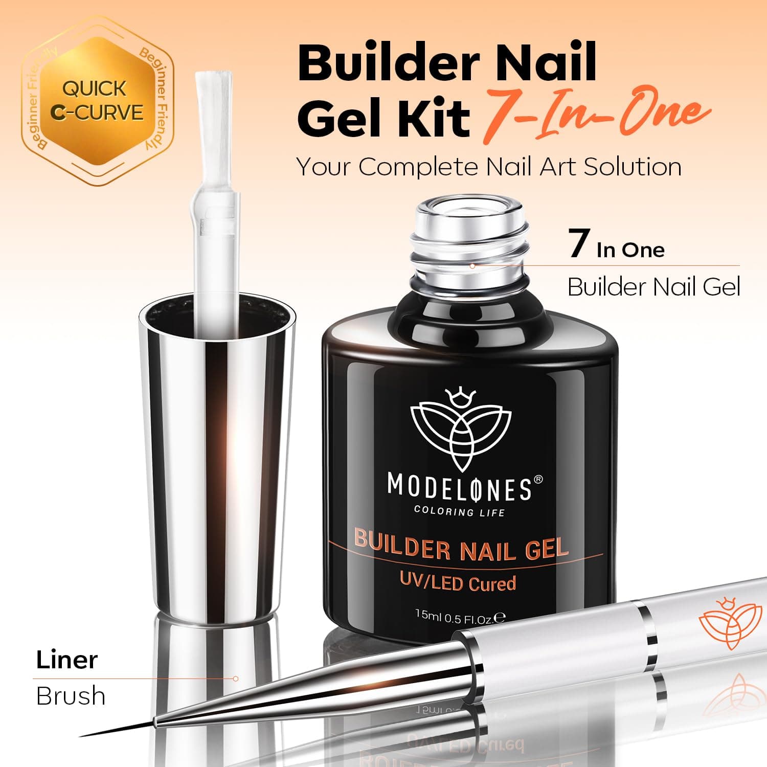 modelones Builder Nail Gel, 7-in-One Clear Builder Nail Polish with Detachable Liner Brush, 15ml LED Lamp Cured Rubber Base Gel Polish Strengthener Color Base Coat Thickening Solution thumbnail 7