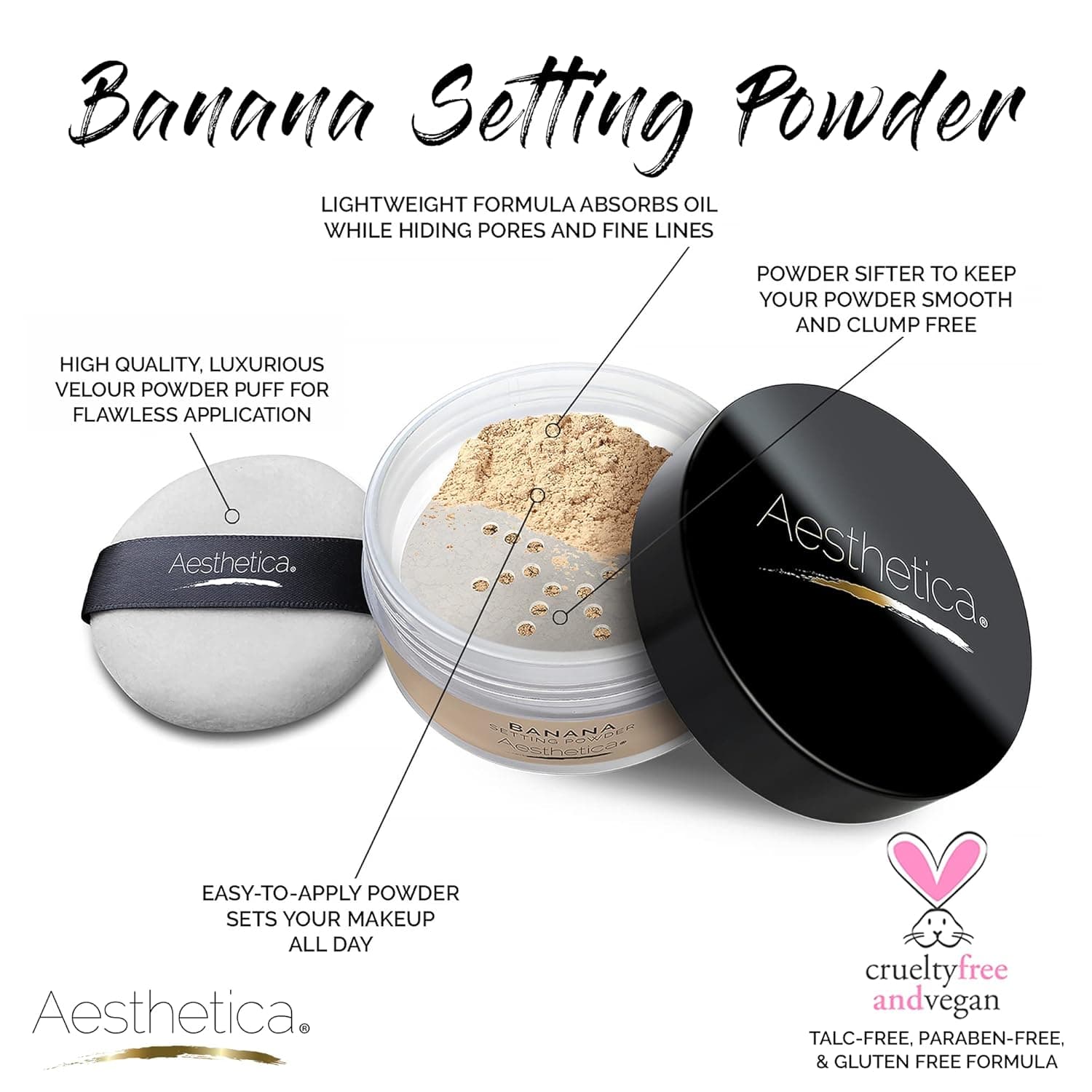 Aesthetica Banana Loose Setting Powder - Flash Friendly Superior Matte Finish Highlighter & Finishing Powder - Includes Velour Puff thumbnail 2
