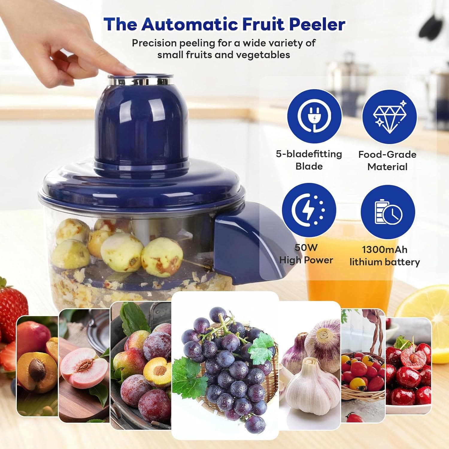 Automatic Grape Peeler Machine, Electric Garlic & Cherry Tomato Peeler Skin Remover Tool for Small Fruits, Effortless Peeling for Home Kitchen (Blue-1PC) thumbnail 6