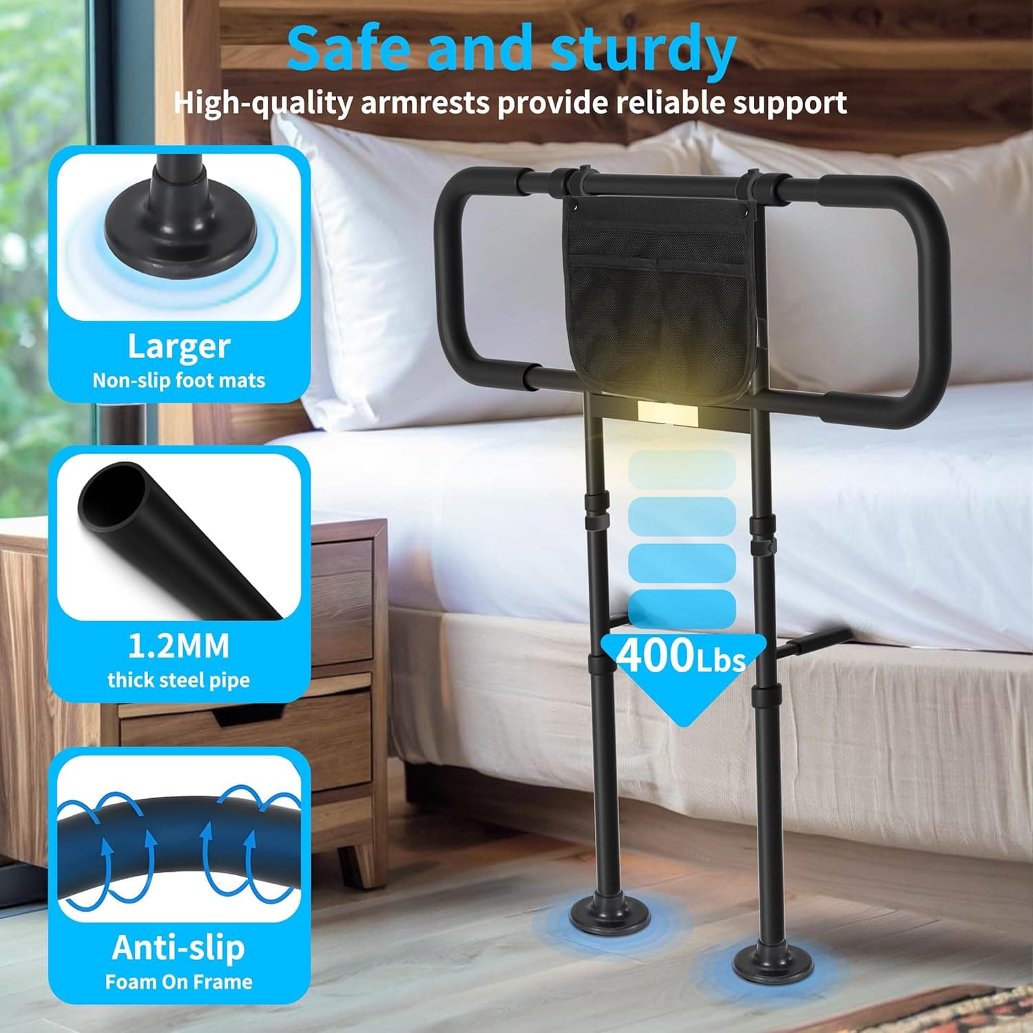 Bed Rails for Elderly Adults Safety - Adjustable Bed Side Rails with Support Leg, Bed Cane with Storage Bag and Motion Sensor Light, Fits Queen, King, Twin, Full, Supports up to 400lbs thumbnail 2