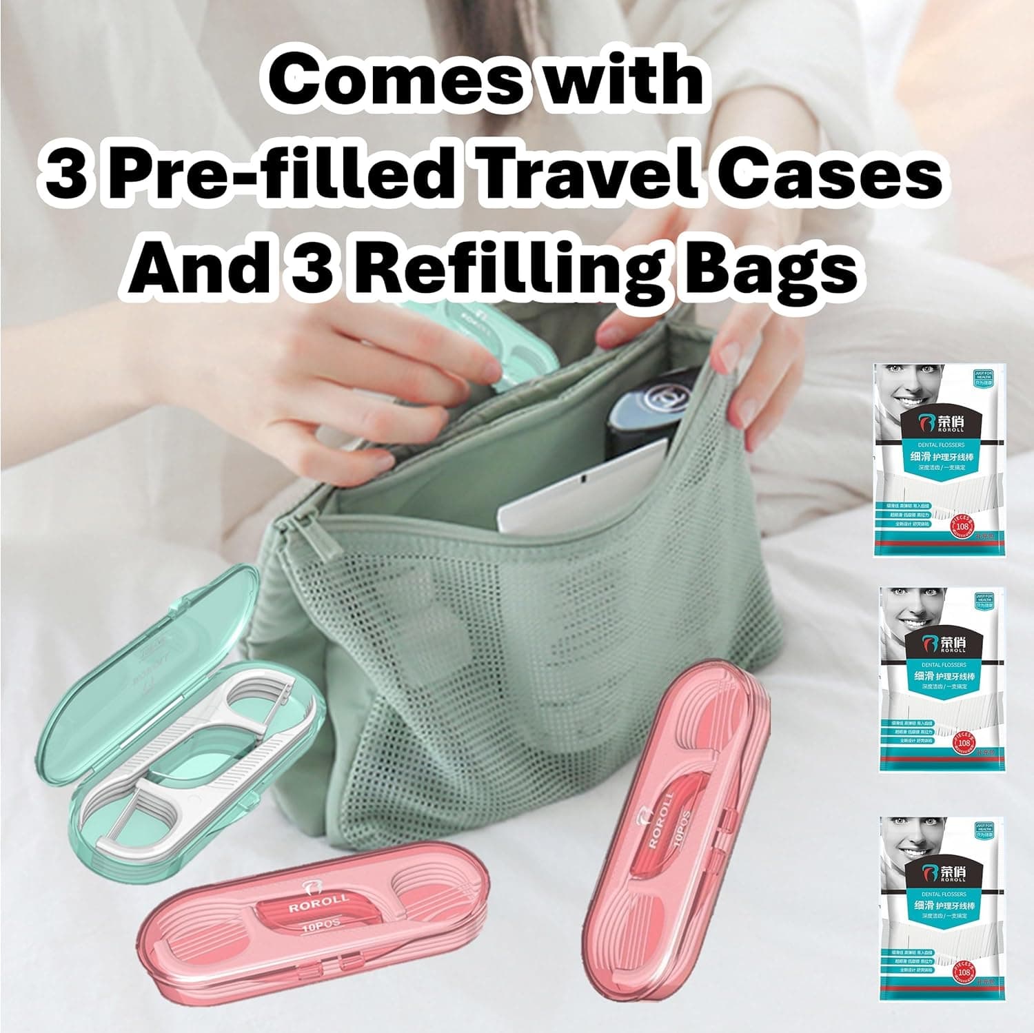 Dental Floss Picks, Flossers Picks for Adult Teeth, Packed in 1pc of Refillable Auto-Ejection-Case and 3pcs of Portable Cases, Hygienic Convenient, Smart Buy, 442pcs (White) thumbnail 4