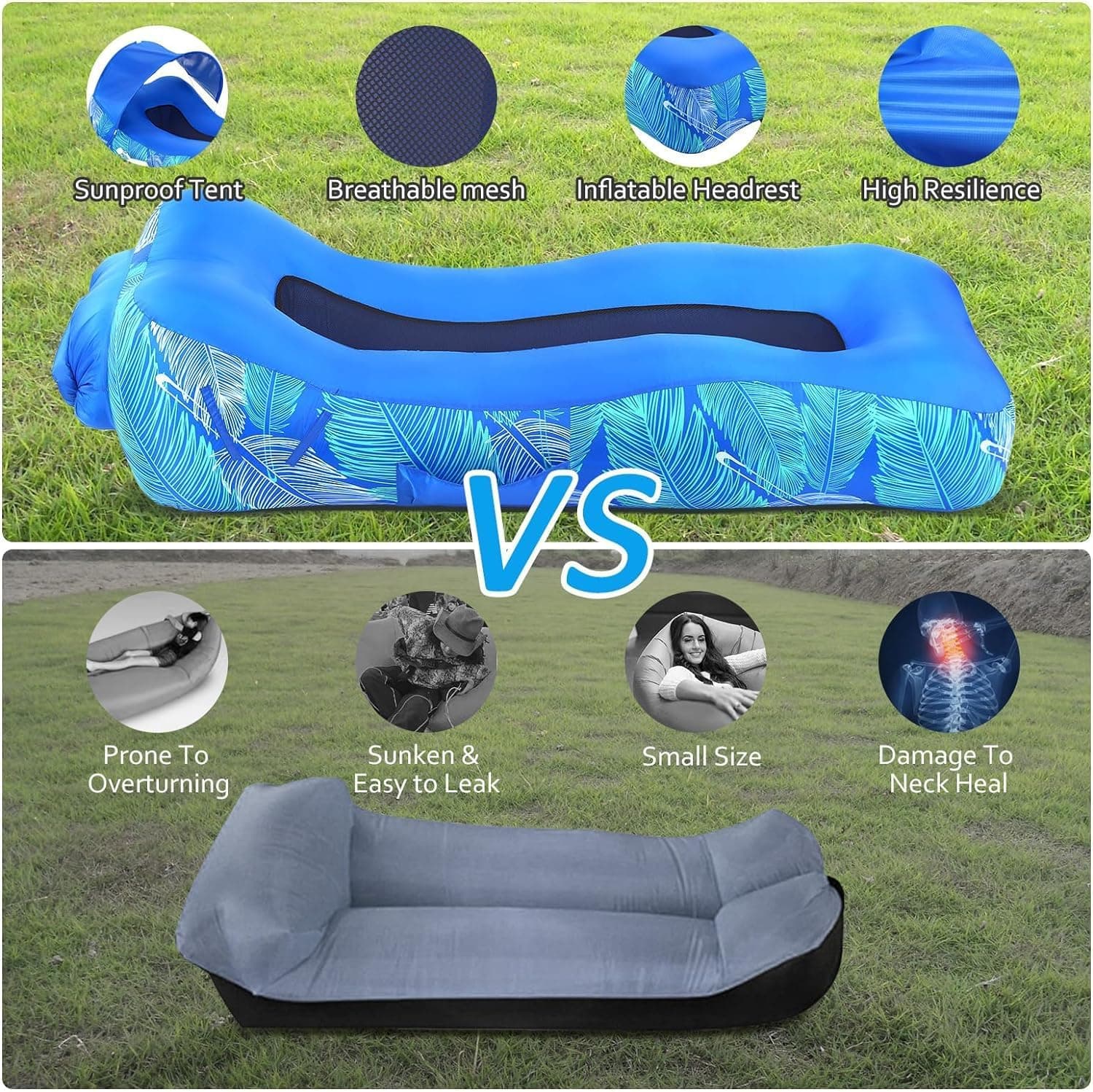 Inflatable Lounger Beach Chair with Sun-Shade Design, Waterproof Inflatable Couch Blow Up Beach Lounger, Portable Lounger Air Sofa for Backyard Hiking Festivals, Air Hammock for Camping thumbnail 6