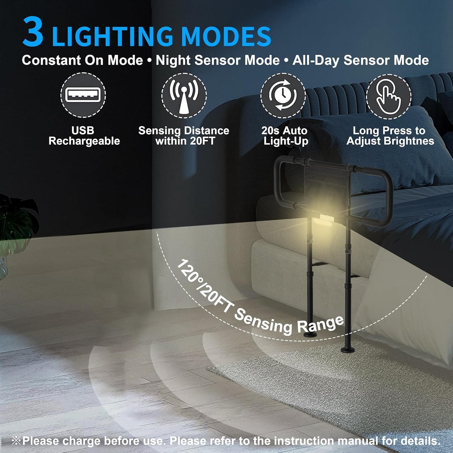Bed Rails for Elderly Adults Safety - Adjustable Bed Side Rails with Support Leg, Bed Cane with Storage Bag and Motion Sensor Light, Fits Queen, King, Twin, Full, Supports up to 400lbs thumbnail 3