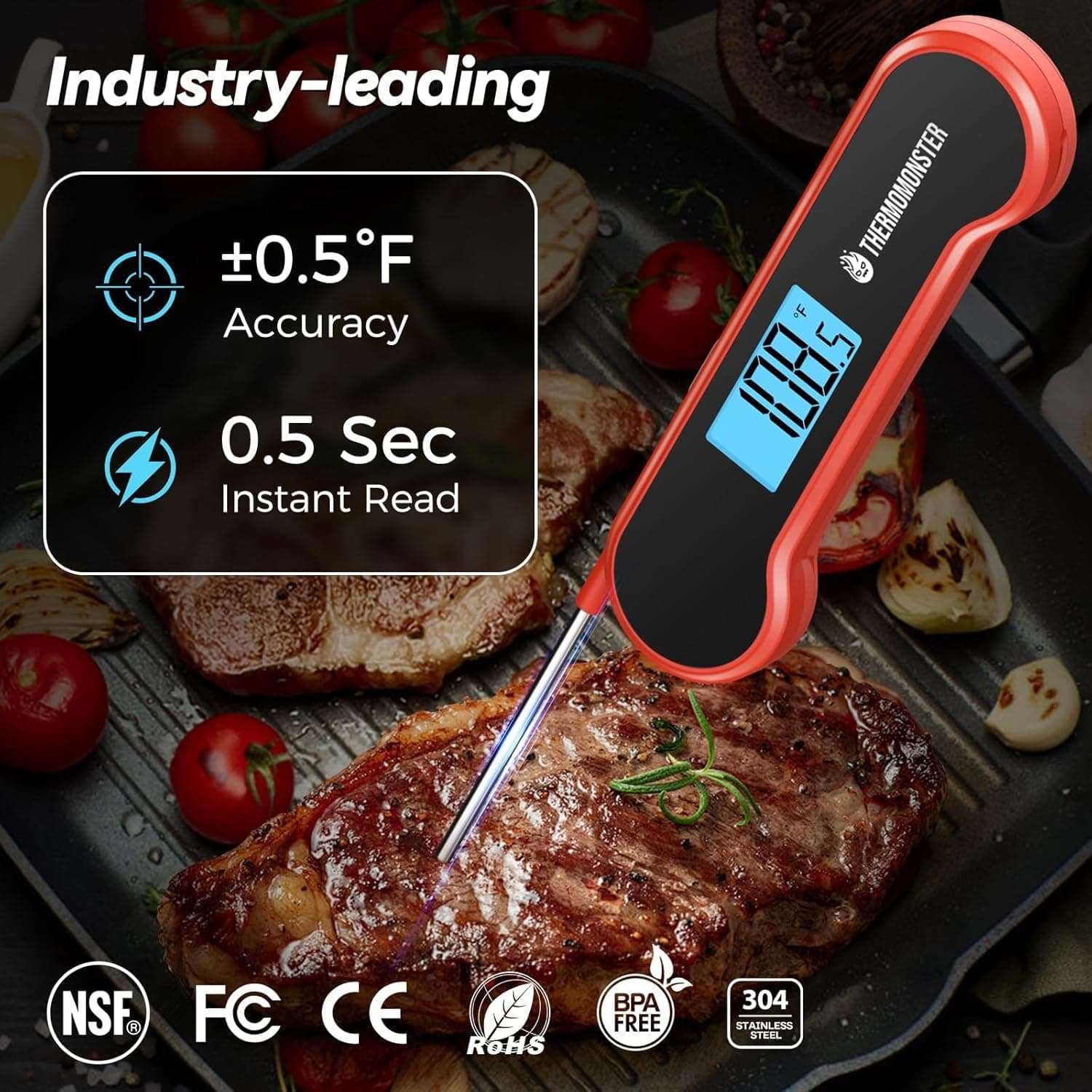 0.5 Sec Instant Read Meat Thermometer Digital with ±0.5℉ Precision, Food Thermometer for Cooking Kitchen Gadgets, Oven Grill Candy BBQ Essentials Accessories, Gifts for Him Dad Men Birthday, Red thumbnail 2