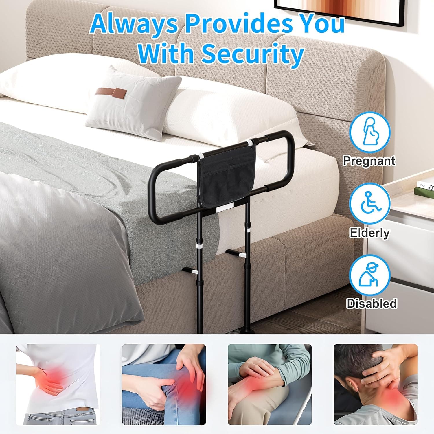 Bed Rails for Elderly Adults Safety - Adjustable Bed Side Rails with Support Leg, Bed Cane with Storage Bag and Motion Sensor Light, Fits Queen, King, Twin, Full, Supports up to 400lbs thumbnail 7