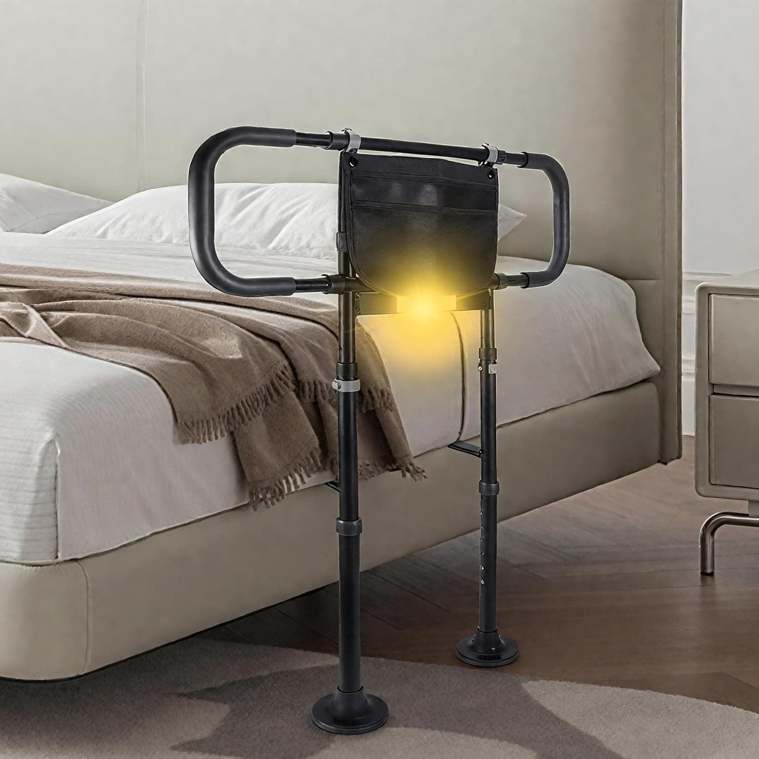 Bed Rails for Elderly Adults Safety - Adjustable Bed Side Rails with Support Leg, Bed Cane with Storage Bag and Motion Sensor Light, Fits Queen, King, Twin, Full, Supports up to 400lbs